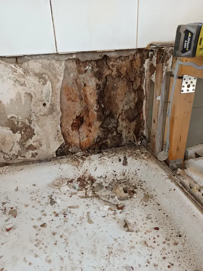Rotten wood corner exposed after tile removal