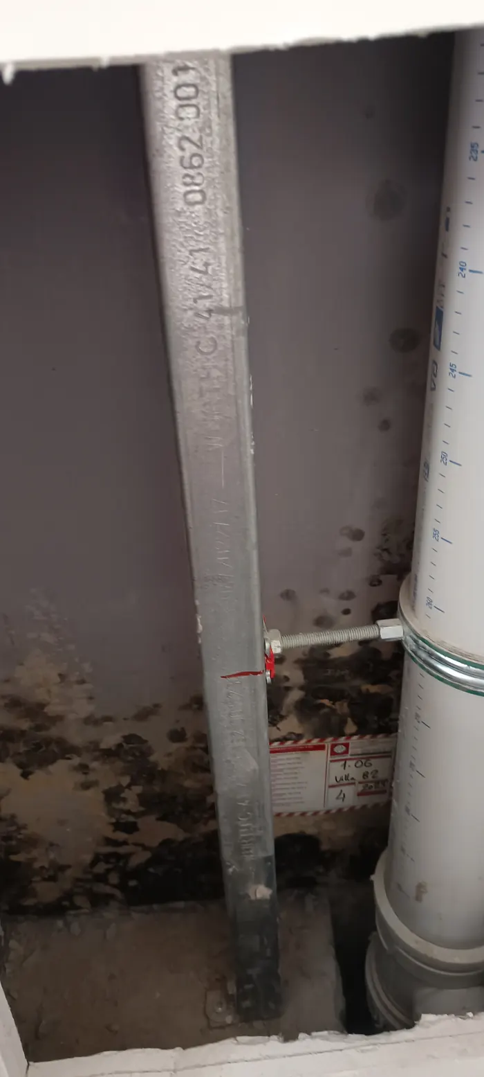 Black mould inside a technical shaft around a plumbing riser